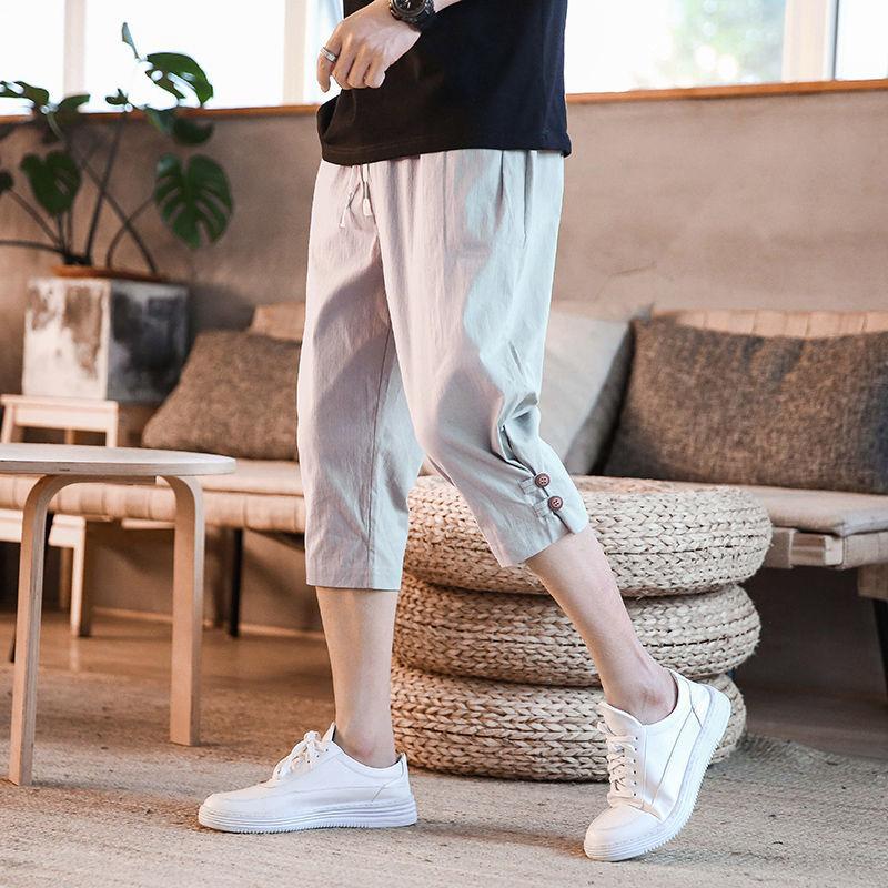 Men's Cropped Trousers Summer Thin Cotton and Linen Casual Loose Loose Cropped Shorts