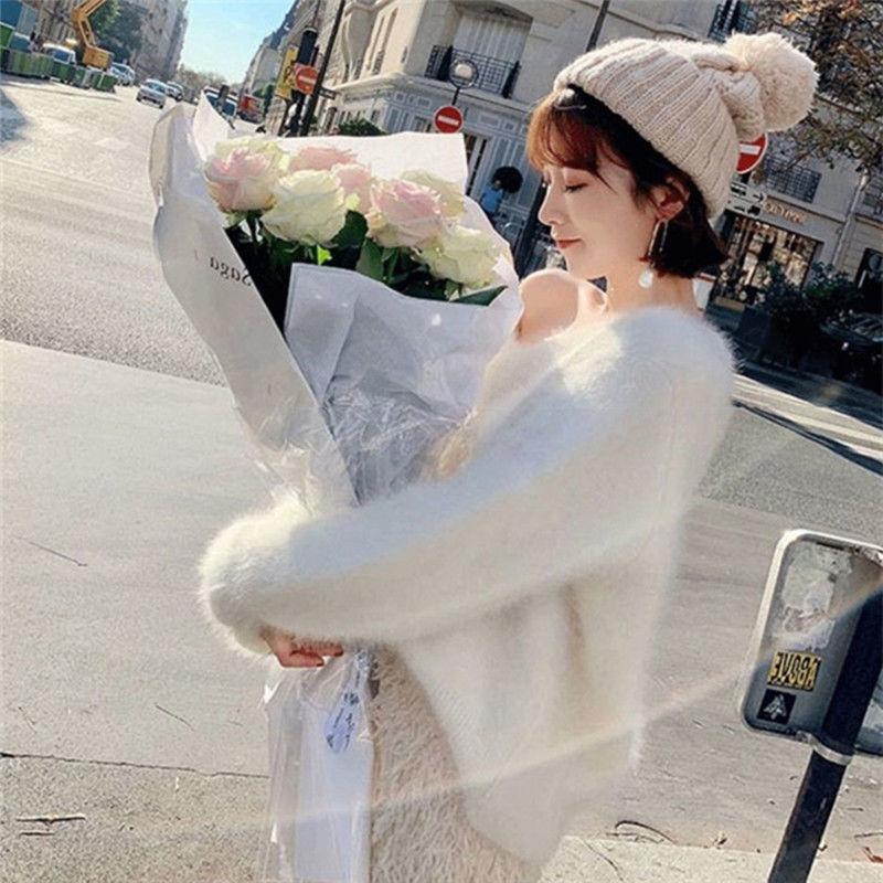 Autumn  Winter Mink Velvet Sweater Women Casual Loose One-word Neck Strapless Long-sleeved V-neck Outer Wear Sweater