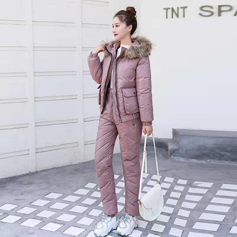Women Winter Short Hooded Glossy Windproof Waterproof Coat Two Pieces Suit Puffer Jacket Cotton Padded Wadded Warm Outwear