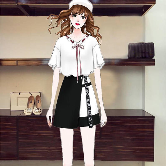 Fashion Women Skirt Set  Summer Bow V-neck Blouse Irregular Skirt Two-piece Set Female Thin Skirt Set