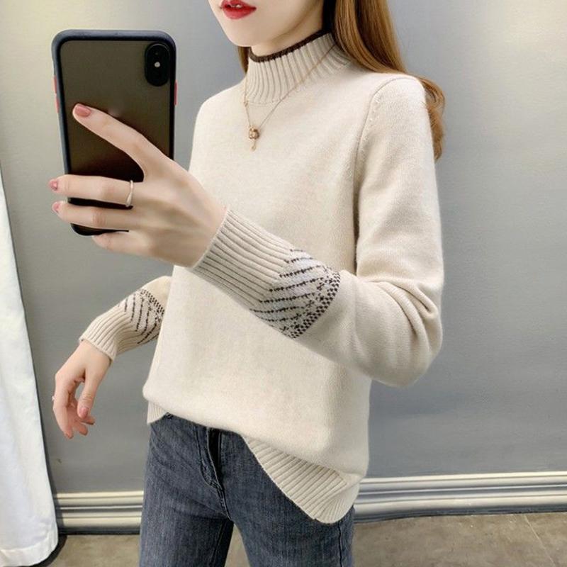 Autumn and Winter Plus Velvet Thick Sweater Half High Neck Loose Casual Bottoming Shirt Fashion Simple Female Sweater