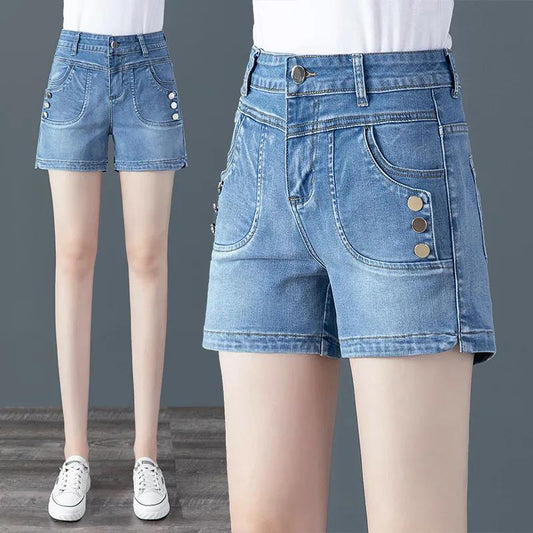 Fashion Denim Shorts Women's Summer Korean Embroidered Straight Leg Thin Elastic High Waist All-match Jeans Women