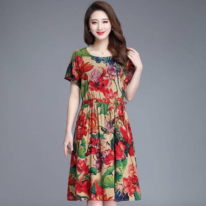 L-XXXXL Plus Size Women Summer Retro Mid-length Printed Over-the-knee Dress Short Sleeve Elastic Waist A-line Skirt