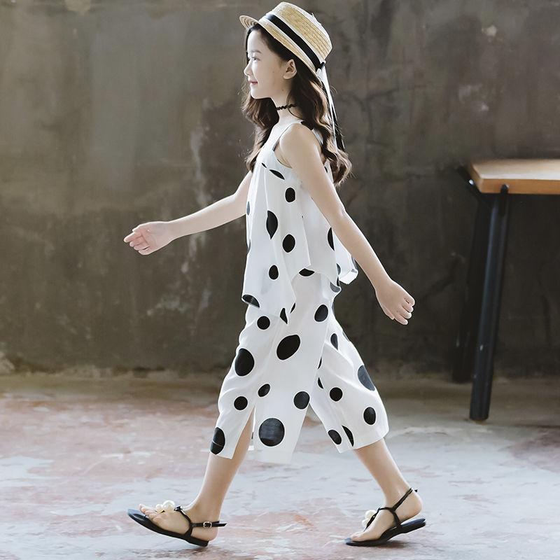 Girls' Summer Suits Big Children Western Style Korean Children's Summer Net Red Fashionable Chiffon Two-piece Suit