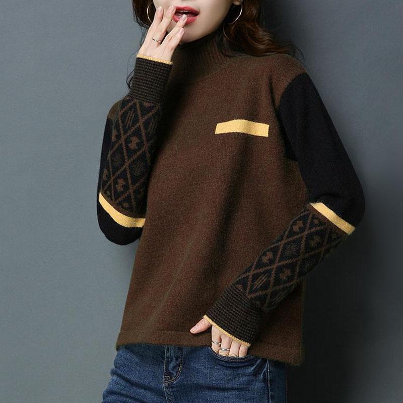 Autumn and Winter Thick Short Sweater Loose Half High Neck Pullover Bottoming Shirt Color Matching Knitted Women Sweater