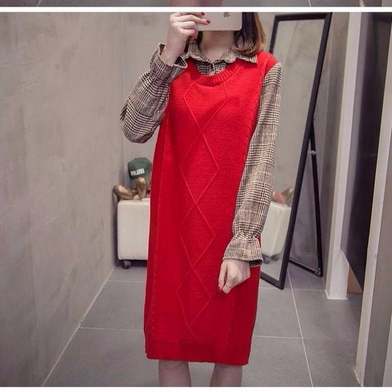 Autumn and Winter Mid-length Loose Sleeveless Sweater Pullover Fake Two-piece Knitted Skirt Bottoming Shirt