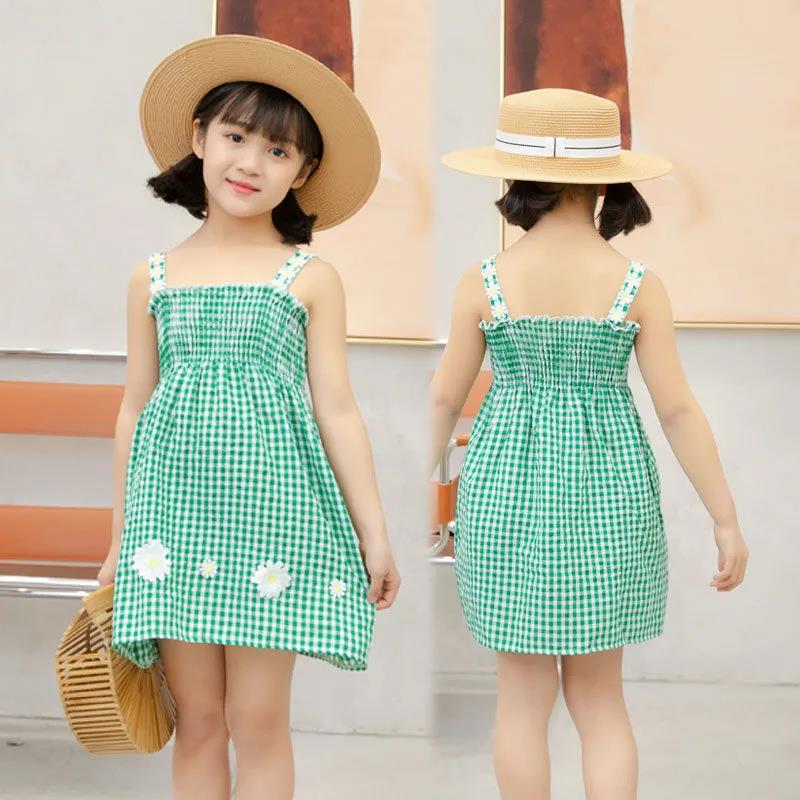 Children Dress Girls' Summer Thin Dress Suspender Dress Plaid Off Shoulder Chrysanthemum Princess Dress Ruffle
