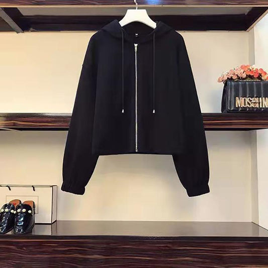 2PCS Plus Size Women's Autumn Suits Fat Sister Slim Zipper Cardigan Long-sleeved Hooded Sweater Jacket Jogging Sweatpants Sweatpants Two-piece Set