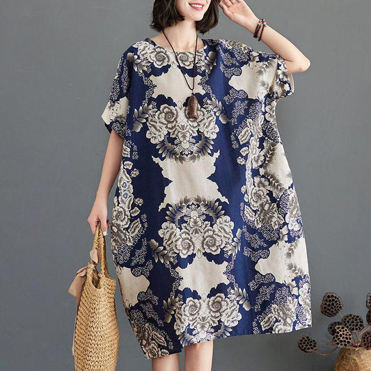 Women's Plus Size Retro Printed Dress Round Neck Short Sleeve Loose Belly Cover Mid-length Fabric Lightweight Breathable Loose Printed Plus Size Dress