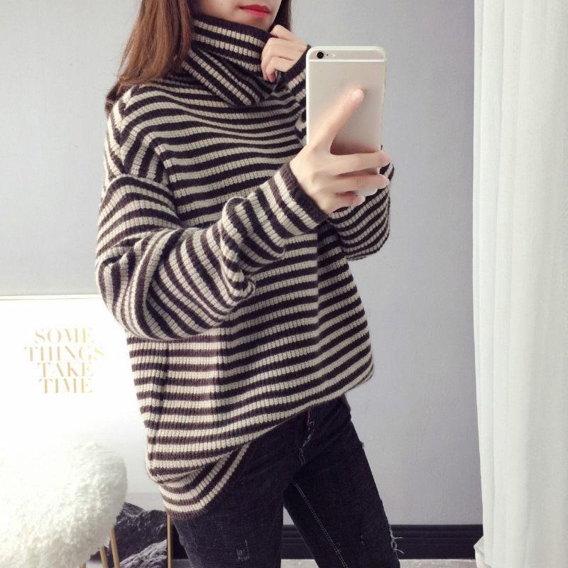 Autumn and Winter High-neck Casual Sweater Striped Pattern Loose Padded Bottoming Shirt Fashion All-match Female Top