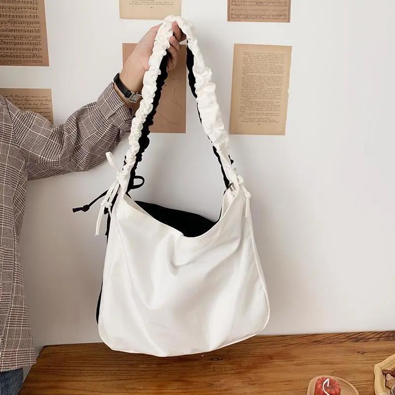 Women Wide Shoulder Strap Drawstring Canvas Bag Messenger Bag Travel Casual Large Daily Hobo Bags 1Pcs