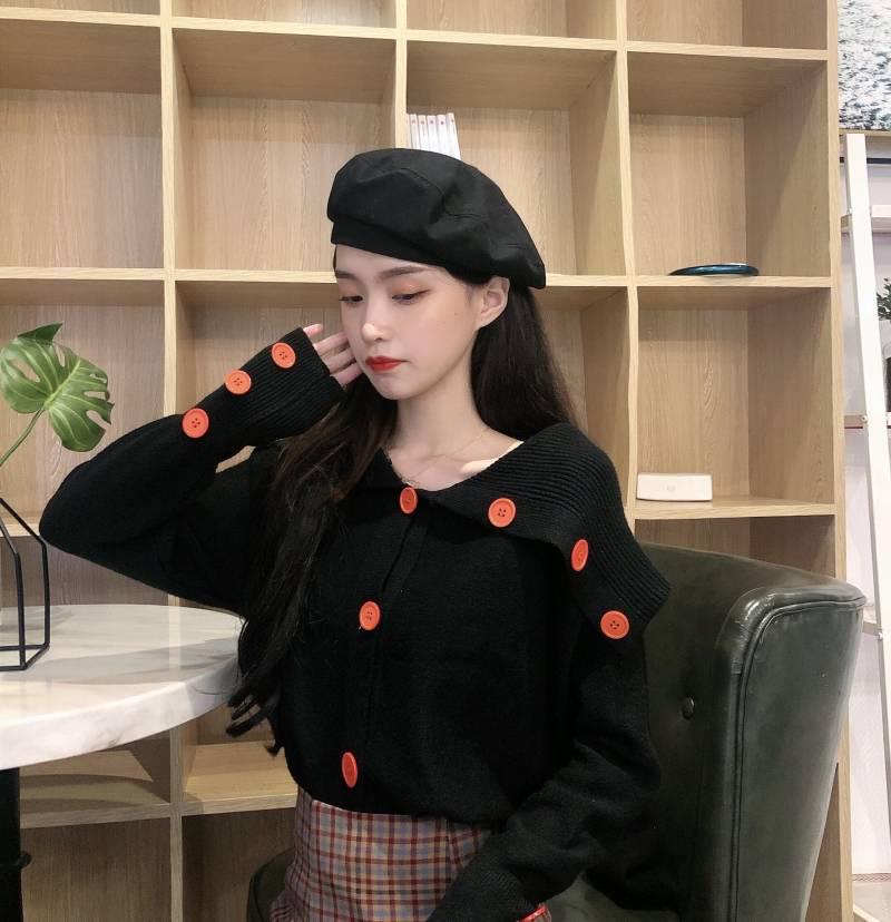 Pofulove Winter College Wind Irregular Strapless Navy Collar Loose Long Sleeve Knit Sweater
