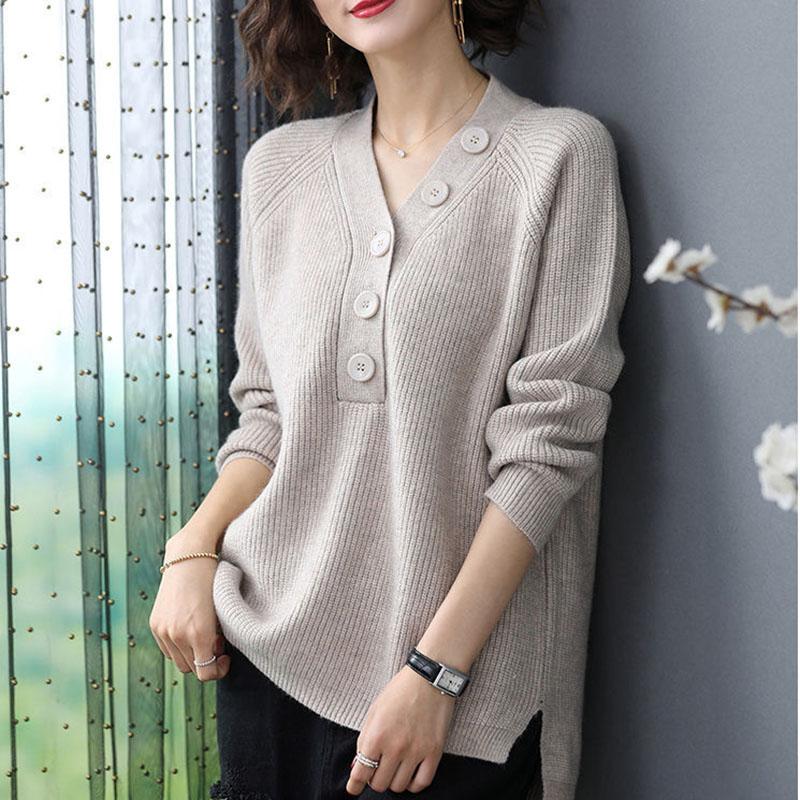 Spring and Autumn V-neck Loose Top Solid Color Plus Size Sweater Simple Casual Women Bottoming Shirt