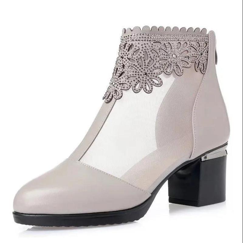 Net Boots Women's Thick-heeled High-heeled Women's Shoes Spring and Summer Sandals Hollow High-heeled Breathable Mesh Sandals Women