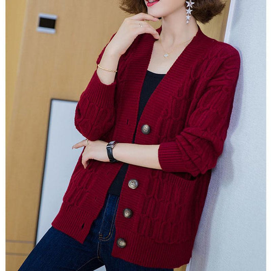 Autumn and Winter Plus Size Sweater Cardigan Solid Color Short Coat Simple Casual Middle-aged Female Jacket