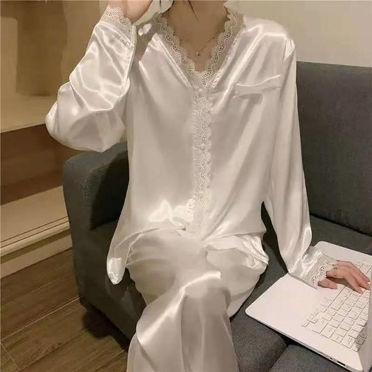 Women's Spring Autumn Pajamas Set Ice Silk V Neck Sexy Lace Long-sleeved Shirt Trousers Two-piece Set Solid Loose Homewear Comfortable Sleeping Suit