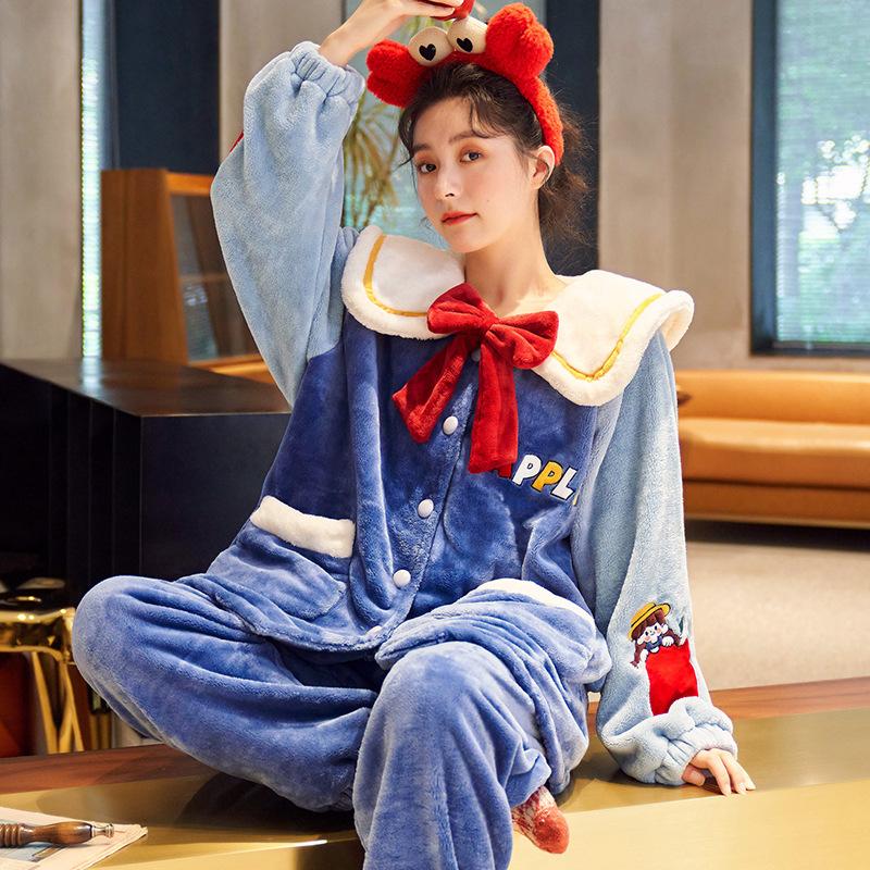 Pajamas Women Autumn Winter Sleepwear Coral Fleece Velvet Thickening Flannel Warm Nightwear Long Sleeve Loose Top Pant Set Cartoon Cute Home Wear Suit