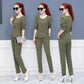 Spring and Autumn Dress Suit Women's Slim Slim Skinny Pants Temperament Two-piece Solid Color Round Neck Top + Suit Pants