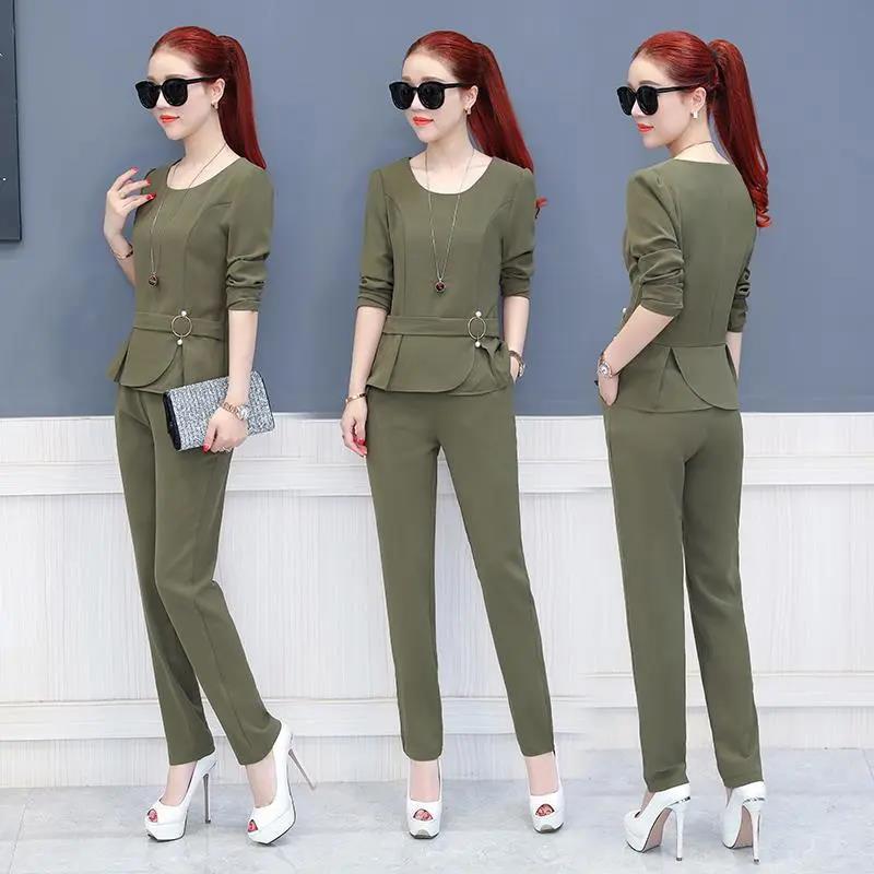 Spring and Autumn Dress Suit Women's Slim Slim Skinny Pants Temperament Two-piece Solid Color Round Neck Top + Suit Pants