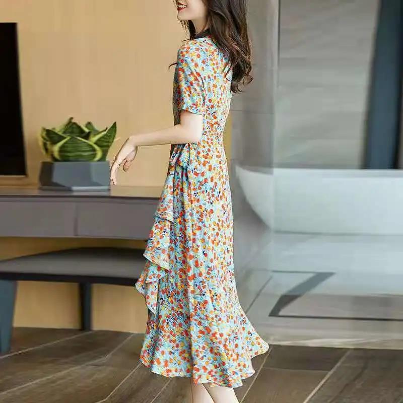 Women's Summer Floral Dress V-neck Slim Mid-length Skirt