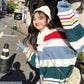 Pofulove Striped Sweater Loose Autumn Winter Korean Lazy Wild Round Neck Pullover Coat Schoolgirl