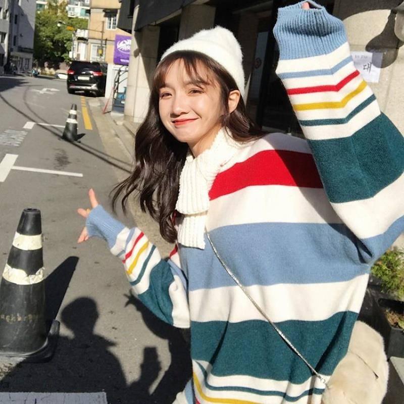 Pofulove Striped Sweater Loose Autumn Winter Korean Lazy Wild Round Neck Pullover Coat Schoolgirl