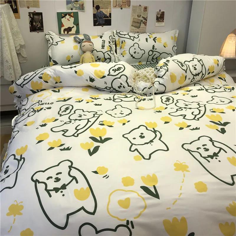 Ins Lattice Cartoon Girl Heart Bedding Four-piece Student Dormitory Three-piece Single Bed