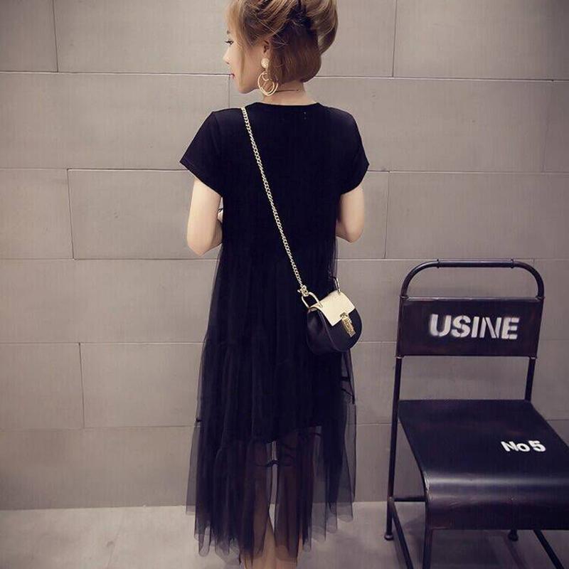 Mid-length Belly Mesh Stitching Dress Summer Dress Plus Size Fat Sister Loose and Thin T-shirt Skirt