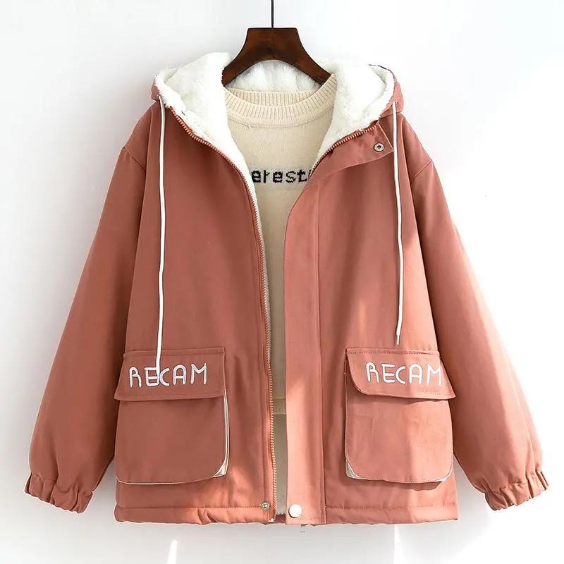 Women's Winter Large Size Cotton Coats Harajuku Plush Thickened Short Cotton Coats Solid Color Loose Casual Versatile Coat