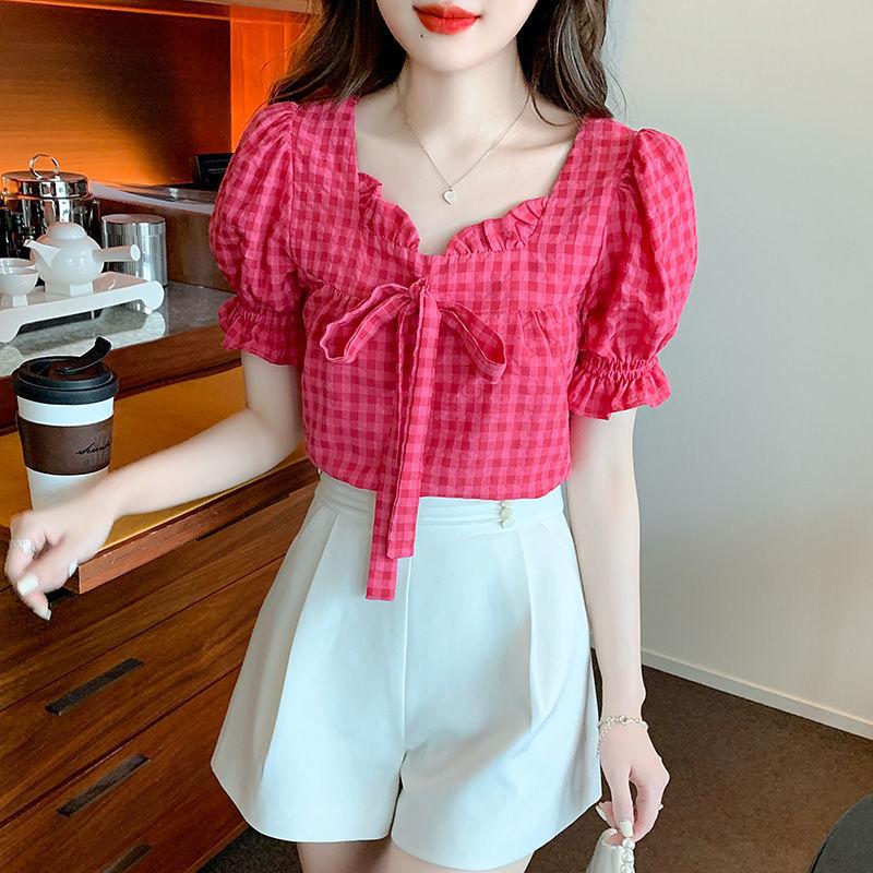 Plaid Shirt Women's Spring and Summer V-neck Fungus Edge Short Short-sleeved Top