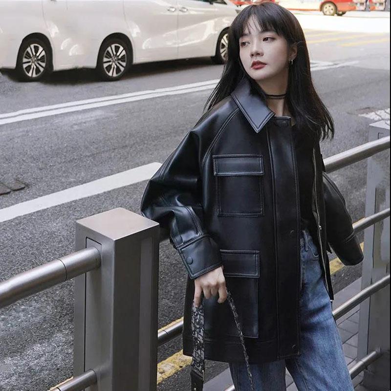 Autumn and Winter Leather Jacket Retro Loose Motorcycle Jacket Plus Velvet Thickening Mid-length Women's Leather Jacket