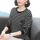 Large Size T-shirt Women's Spring and Autumn Loose Bottoming Shirt Round Neck Striped Long Sleeve All-match Top