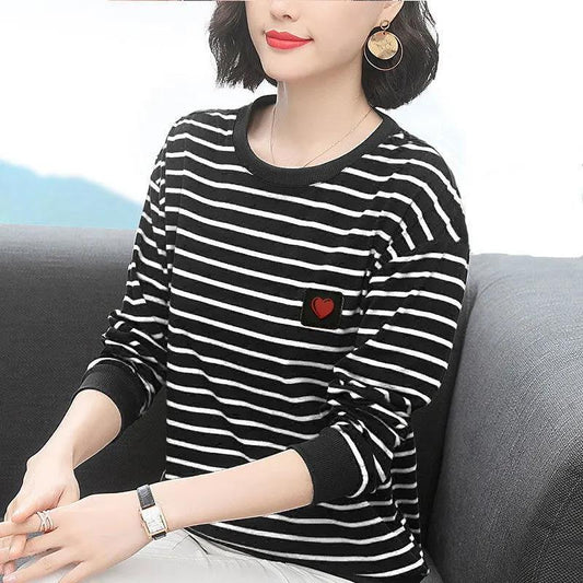 Large Size T-shirt Women's Spring and Autumn Loose Bottoming Shirt Round Neck Striped Long Sleeve All-match Top