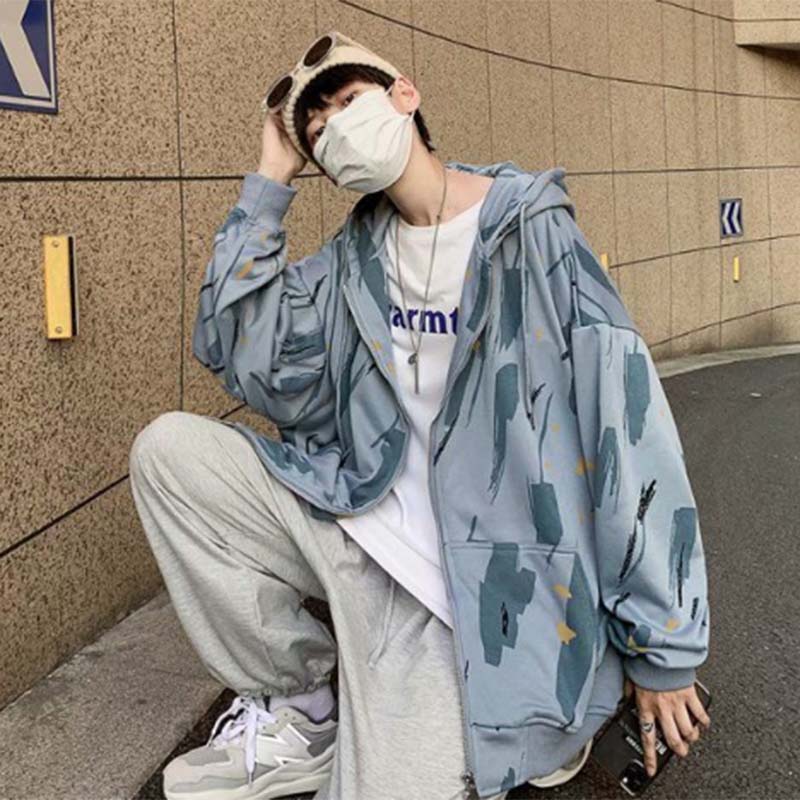 Tie-dye Cardigan Sweater Men's Spring and Autumn Sports Jacket Hooded Loose Jacket Casual All-match Tide Brand Jacket