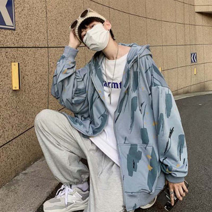 Tie-dye Cardigan Sweater Men's Spring and Autumn Sports Jacket Hooded Loose Jacket Casual All-match Tide Brand Jacket