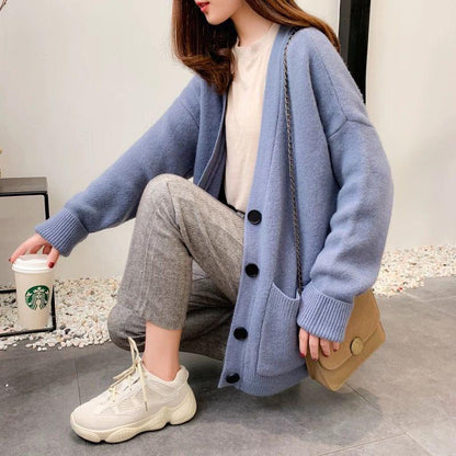 Women's Sweater Coat Loose V-neck Long-sleeved Cardigan Solid Color Sweater with Buttons