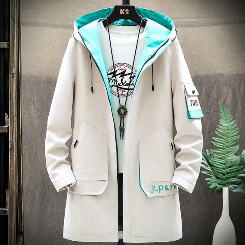 Men's Mid-length Windbreaker Youth Fashion Loose Warm Hooded Workwear Autumn Jacket