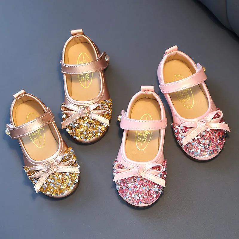 Girls' Leather Shoes Spring and Autumn Non-slip Soft Sole Children's Single Shoes Baby Peas Shoes Crystal Girl Princess Shoes