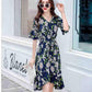 Summer Cotton Drawstring Dress Medium-length Floral Dress Belt Flare Sleeve Irregular Dress