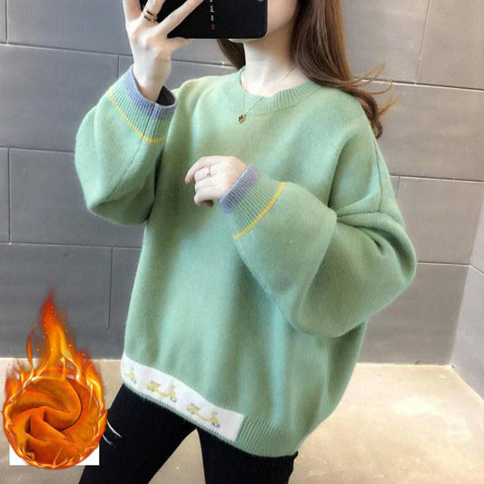 Autumn and Winter Womens Round Neck Color Matching Comfortable Loose Plus Cashmere Thicken Sweater