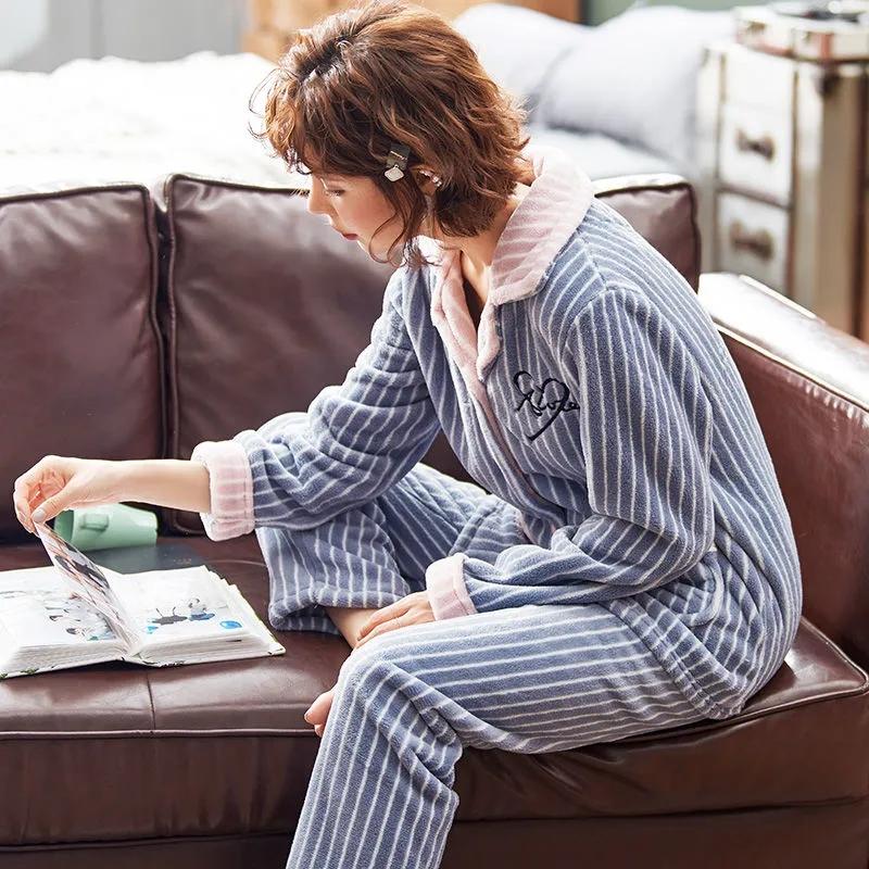 Autumn Winter Coral Fleece Pajamas Suits Women Flannel Thick Velvet Warm Sleepwear Long Sleeve Turn-down Collar Home Wear Striped Casual Nightwear