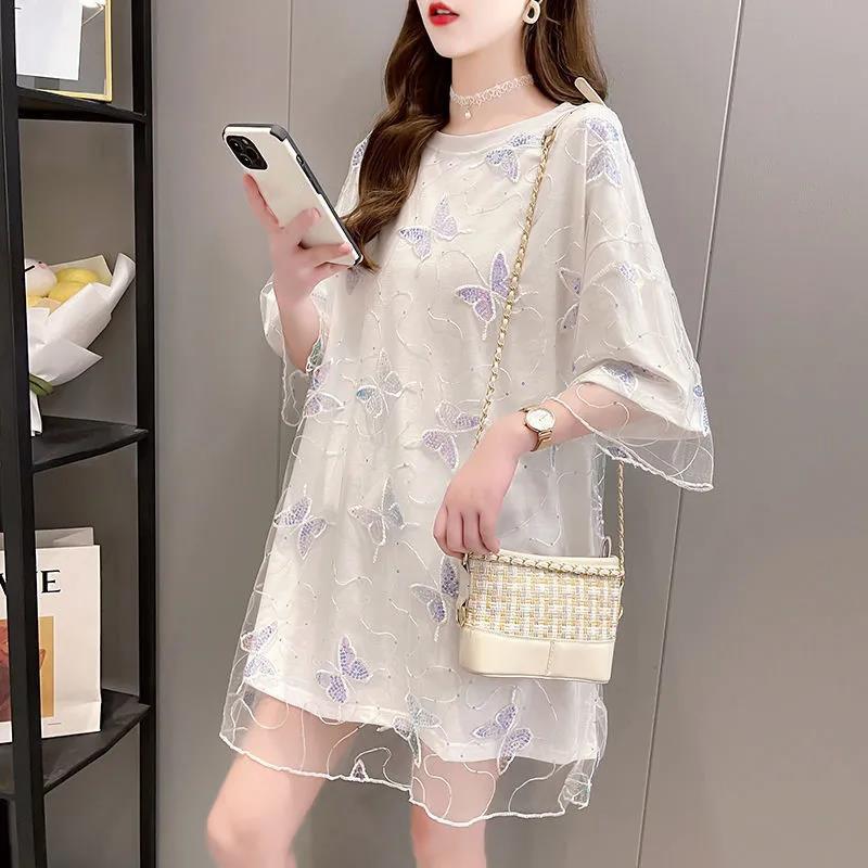 Butterfly Embroidery Veil Women Dress Girl Loose O-Neck Loose Short Sleeve Casual Long T-shirt Dress