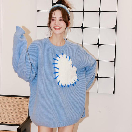 Blue Love Sweater Women's Autumn and Loose Slouchy Winter High-level Sense of White Thickened Sweater