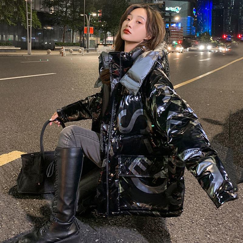Women's Bright Print Short Down Jacket Winter Korean Loose Quilted Jacket Casual Stand-up Collar Hooded Down Jacket Quilted Jacket