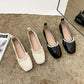 Flat Square Toe Small Single Shoes Women Casual Pearl Scoop Single Shoes Retro French Leather Shoes Soft Leather Comfortable