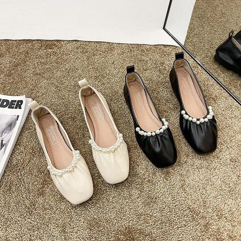 Flat Square Toe Small Single Shoes Women Casual Pearl Scoop Single Shoes Retro French Leather Shoes Soft Leather Comfortable