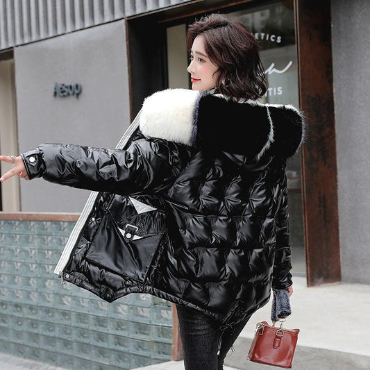 Women's Down Jacket Coat with Real Fur Collar, Short Padded Warm Hooded Female Leather Jacket