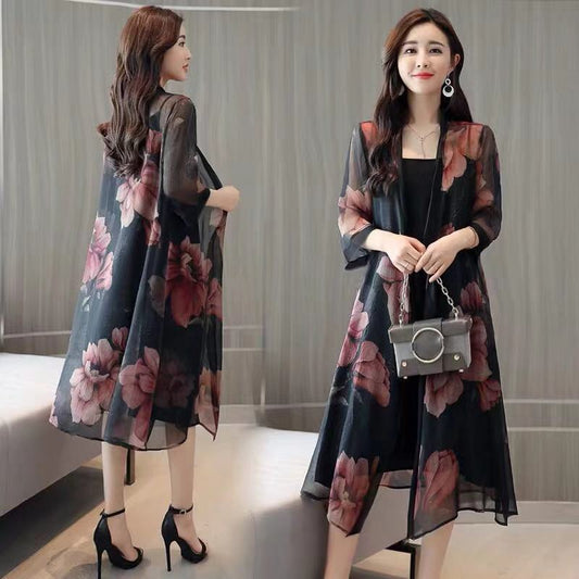Chiffon Cardigan Mid-length Sun Protection Shirt Women Loose Thin Large Size Coat Shawl