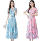 Summer Korean Chiffon Dress Women's Casual Short Sleeve Temperament Large Blue Pink Flower Round Neck Dress