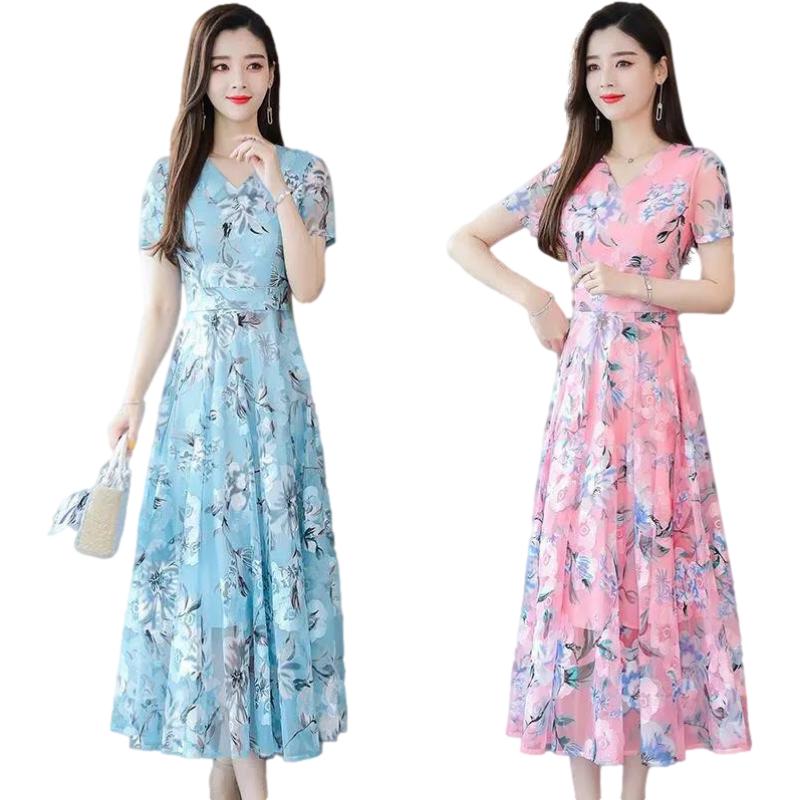 Summer Korean Chiffon Dress Women's Casual Short Sleeve Temperament Large Blue Pink Flower Round Neck Dress